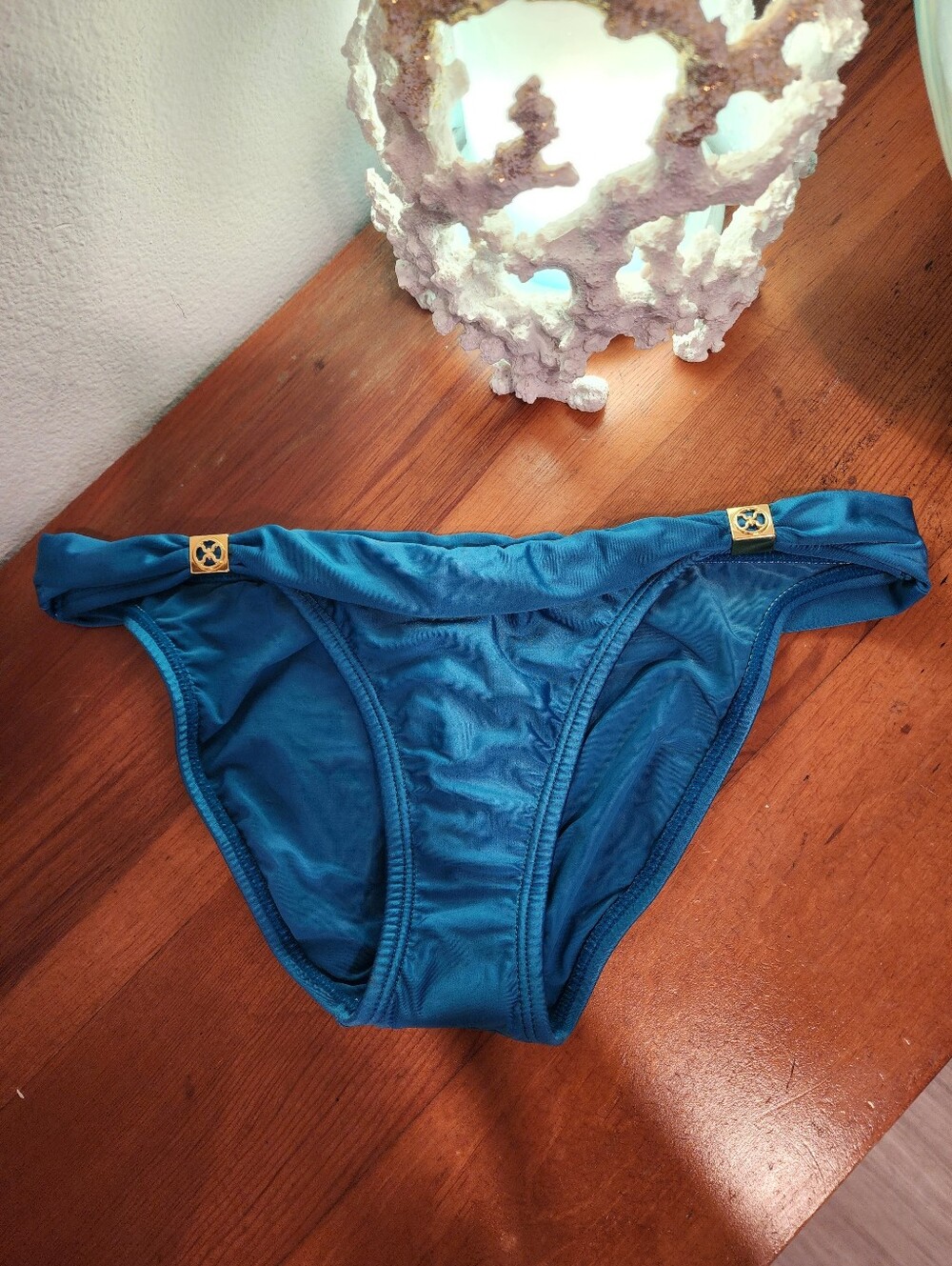 NEW! VIX PAULA HERMANNY SZ S Teal Bikini Bottom with Gold Accent